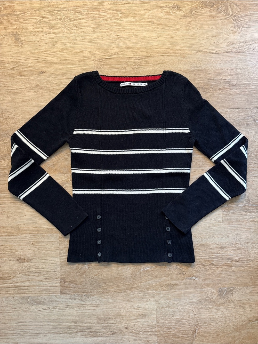 Vintage Tommy Hilfiger Black and White Striped Boatneck Sweater with Side Button